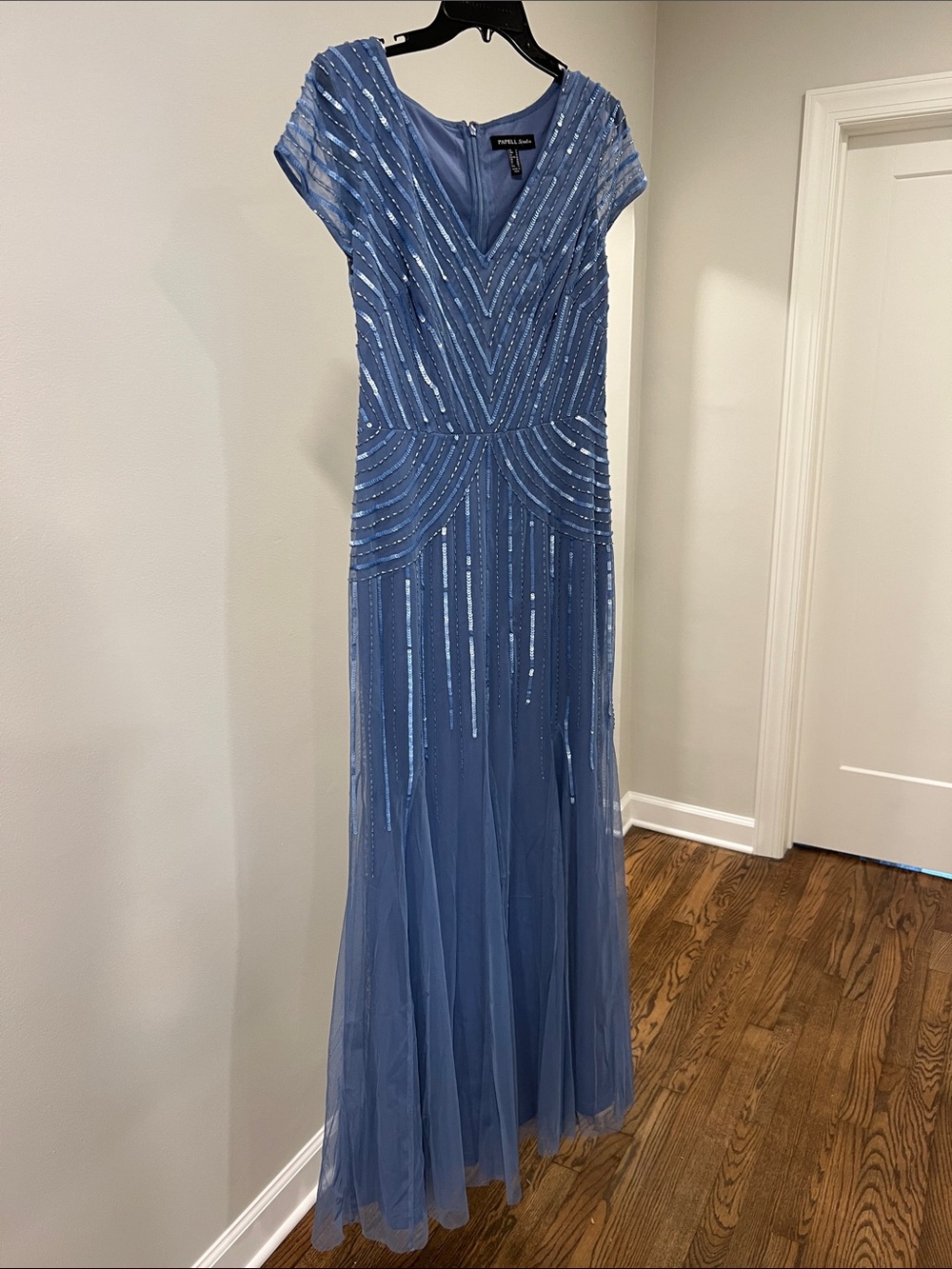 Adrianna Papell Dusty Blue Beaded Cap-Sleeve Evening Gown